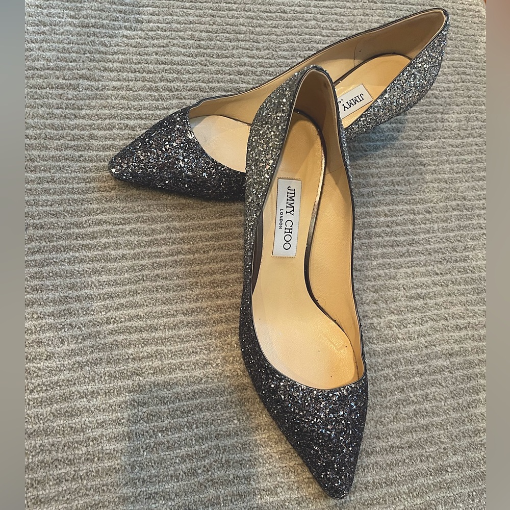 Jimmy Choo Romy blue glitter 60 inch heel.